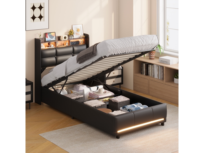  Lit simple de rangement 90x200cm avec éclairage led et port usb, espace de rangement, cuir pu, noir  - Conforama E