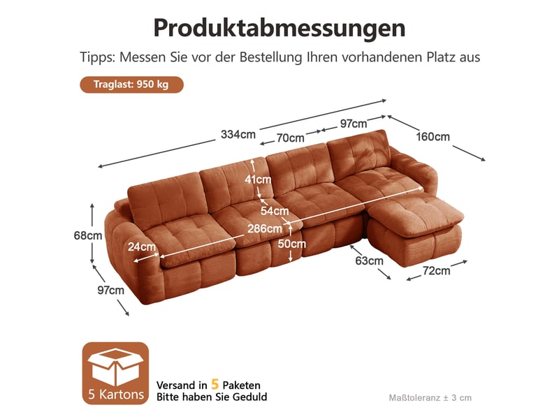  Canapé d'angle modulaire 4 places sans cadre avec ottomane et assise profonde, design matelassé en chenille orange  - Conforama C