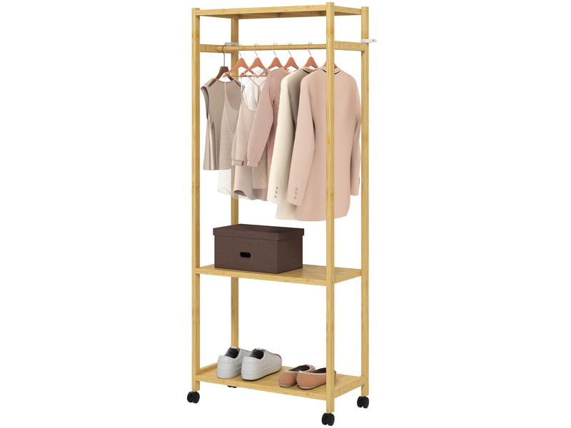  Portant à vêtements à roulettes en bambou avec 2 étagères 70x35x175 cm  - Conforama B