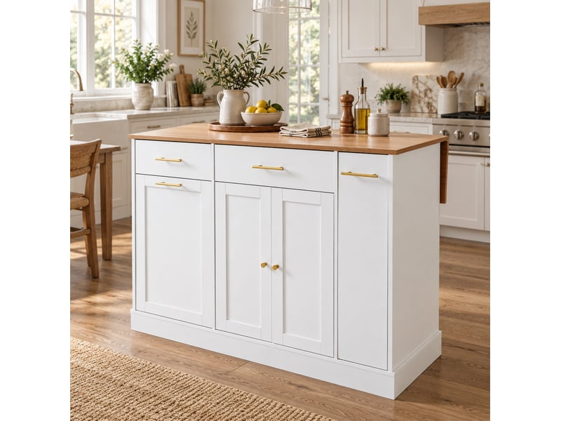  Îlot de cuisine 120 cm, plan rabattable, casier à poubelle, blanc et naturel  - Conforama B