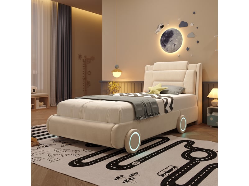 Lit voiture 90 × 200 cm, tête rembourrée réglable sur 2 hauteurs, roues led multicolores, sommier inclus, beige - Conforama D