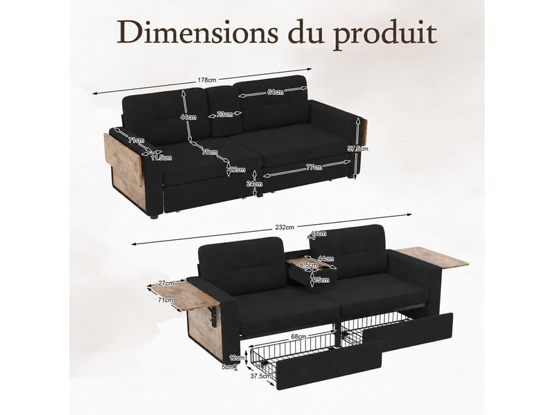  Canapé droit 2 places en chenille avec 2 tiroirs de rangement, tablettes latérales et porte-gobelets, noir, 178 cm Fay Lum - Conforama C