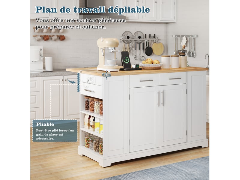  Îlot de cuisine 138x86x92 cm plateau rabattable mdf blanc et aspect bois naturel  - Conforama D