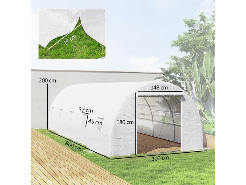  Serre tunnel 8 x 3 x 2 m avec revêtement plastique et armature en acier, blanche  - Conforama E