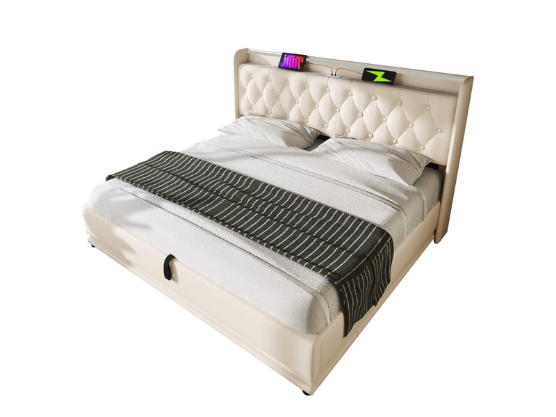  Lit double 140 x 190 cm blanc avec rangement hydraulique, led et ports usbusb type-c  - Conforama A