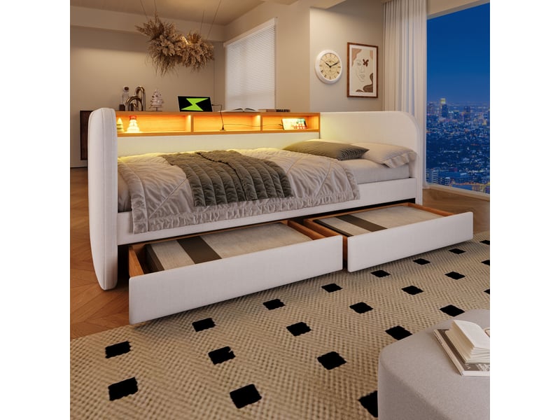  Lit de jour capitonné 2 places - 140x190 cm - beige clair - led intégrées - 2 tiroirs - usb-c  - Conforama R