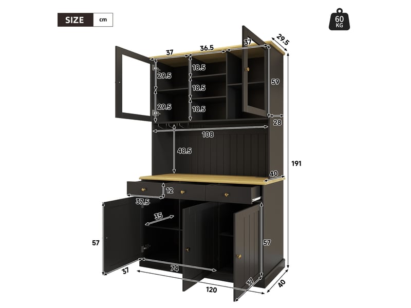  Buffet haut 120x40x191 cm – noir – portes vitrées, 2 prises et ports usb-ausb-c intégrés  - Conforama C