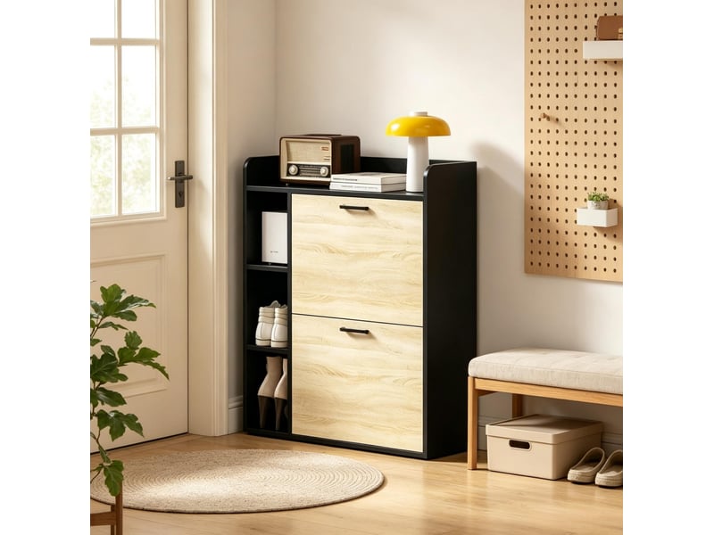  Meuble à chaussures tcqpz 83 x 24 x 90,5 cm 2 abattants 15 paires noir effet bois naturel  - Conforama E