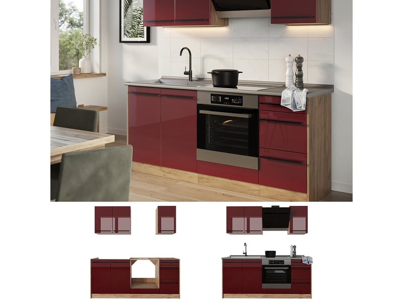 Vicco cuisine, rouge brillantchêne doré, 180cm plan de travail marbre - Conforama D