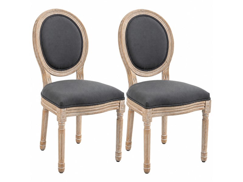  Lot de 2 chaises de salle à manger - chaise de salon médaillon style louis xvi - bois massif sculpté, patiné - aspect lin gris  - Conforama A