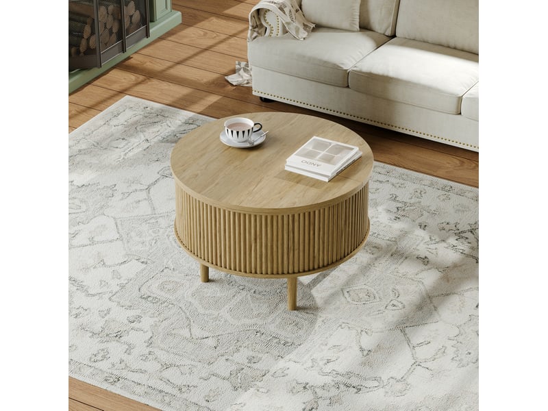  Table basse ronde 80 cm en panneau de particules bois clair, plateau relevable avec rangement dissimulé pour salon  - Conforama E