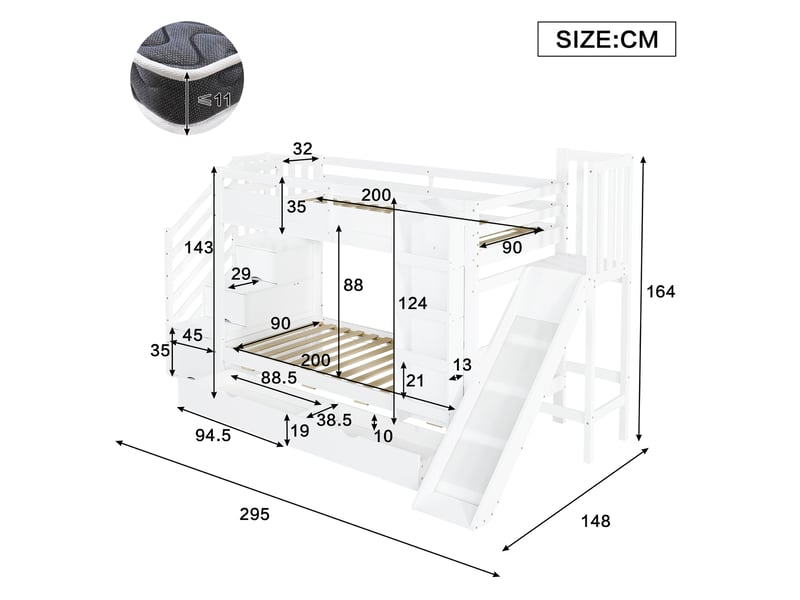  Lit superposé enfant 2 places 90×200 cm, toboggan, 2 tiroirs et escalier rangement  - sans matelas, bois blanc  - Conforama D