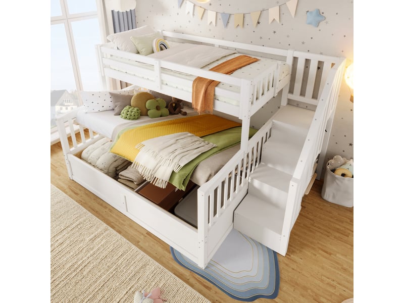 Lit superposé 90x200 et 140x200 cm avec rangements hydrauliques, blanc et bois naturel - Conforama B
