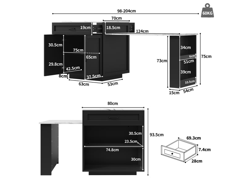 Îlot central de cuisine extensible avec rangement, table haute 2-6 personnes sur roulettes, étagères latérales, 98-204x70x93,5 cm - noir - Conforama E