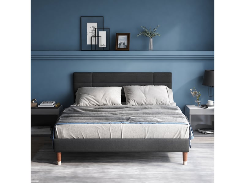  Lit adulte 140x200 cm, lit double avec tête de lit et sommier, lin gris, inclus matelas  - Conforama B