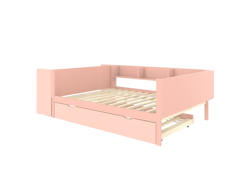  Lit enfant rose 140x200 cm en bois, bureau, lit gigogne et étagères intégrés  - Conforama E