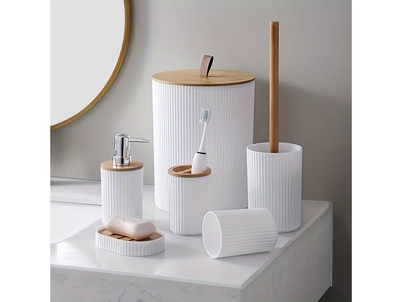  Ensemble d'accessoires de salle de bain, 6 pièces, brosse de toilette distributeur de savon porte-brosse à dents gobelet porte-savon poubelle (blanc)  - Conforama A