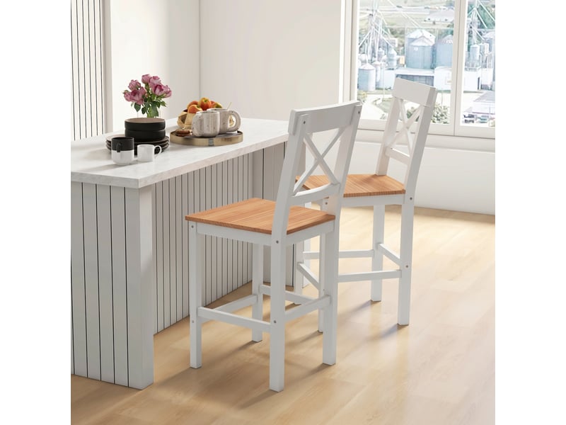  Ensemble de 2 tabourets de bar en pin avec repose-pieds et dossier, style champêtre, pour la cuisine ou le salon, aspect naturel.  - Conforama D