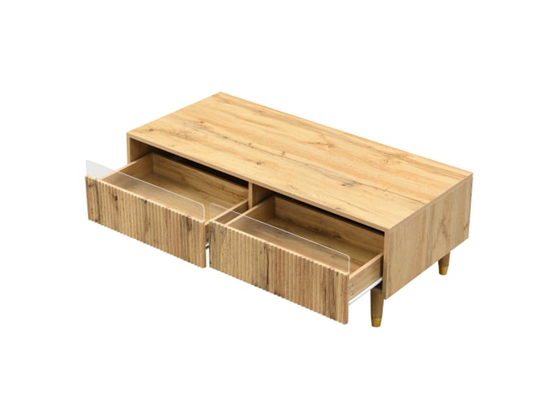  Table basse bois clair, dotée d'un plateau à tiroirs ondulé, de pieds dorés, de 2 tiroirs et d'une bande lumineuse led  - Conforama E