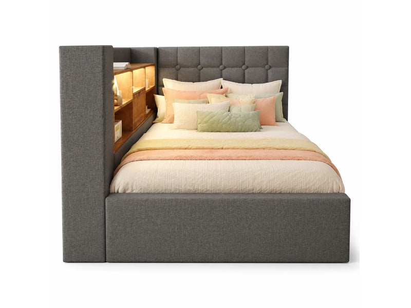  Modenvie lit coffre 90x200 cm - led, rangement hydraulique, usb et usb-c, matelas inclus - gris  - Conforama A