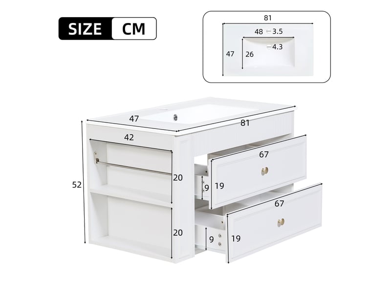  Meuble sous vasque mural 81x47x52 cm 2 tiroirs mdf blanc brillant sans robinet  - Conforama E