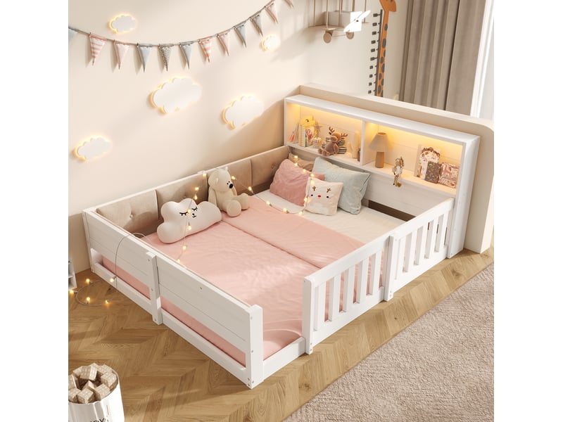  Lit 2 places enfant 140x200 cm avec barrières, rangements et led blanc naturel  - Conforama D