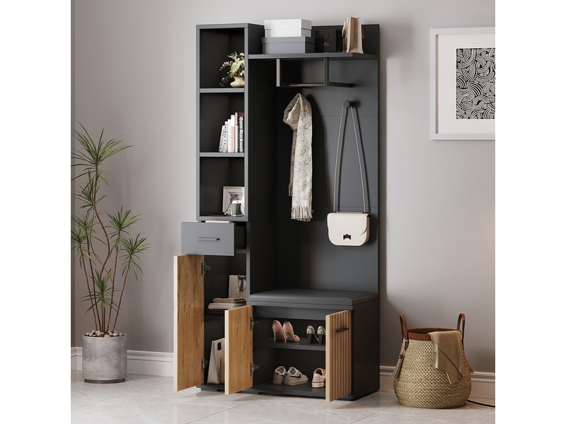  Portemanteau avec banc et rangement 80 x 175 cm en panneau de particules noir et bois  - Conforama E