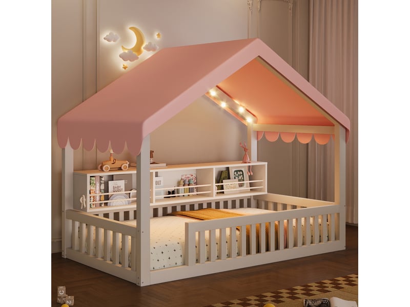  Lit cabane enfant modenvie 90 x 200 cm au sol avec ciel de lit, led, bibliothèque et barrières, blanc  - Conforama D