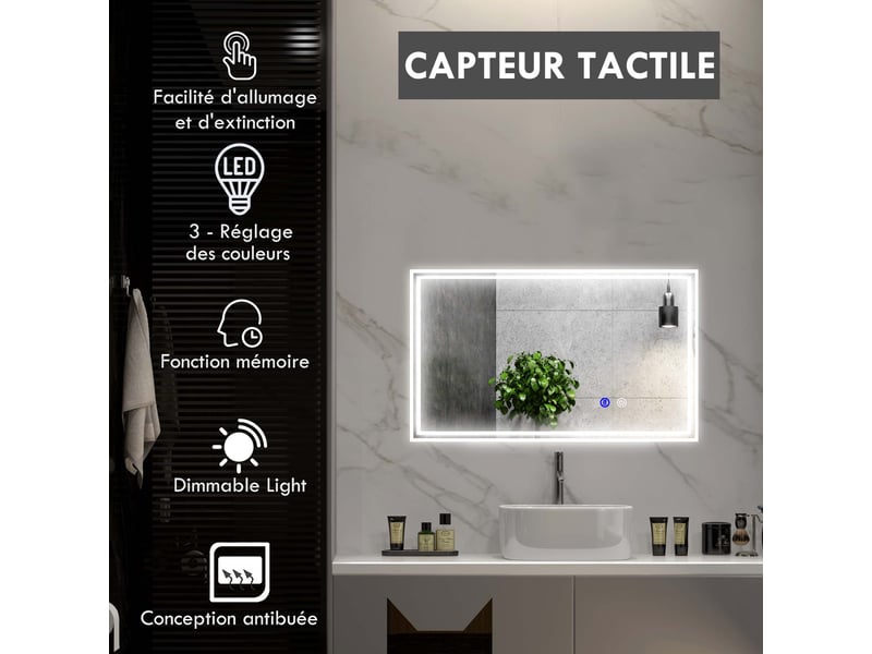  Miroir de salle de bain rectangulaire mural lumineux led ou horizontal vertical, 100 x 60 cm  - Conforama A