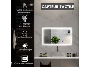 Miroir de salle de bain rectangulaire mural lumineux led ou horizontal vertical, 100 x 60 cm