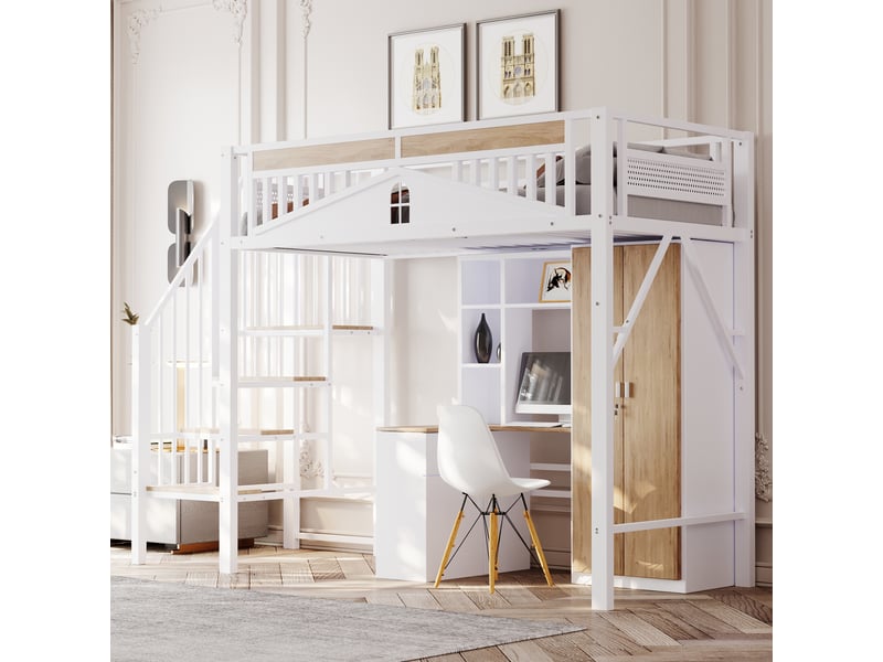  Lit mezzanine métal 90 x 200 cm, barrière ajourée, échelle avec rangement, grand espace dessous, blanc  - Conforama E