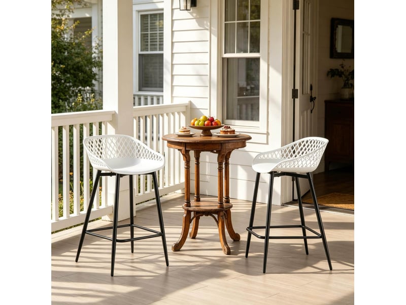  Lot de 2 tabourets de bar avec dossier ajouré, repose-pieds et structure stable, en métal et polypropylène blanc  - Conforama B
