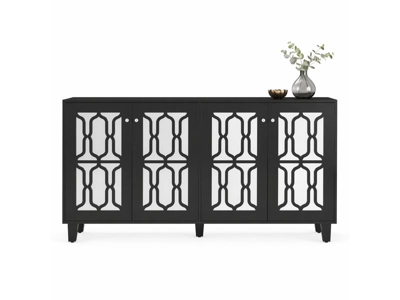 Buffet et enfilade avec 4 portes et 2 étagères réglables, façades miroir, mdf noir, 160 x 40 x 84 cm - Conforama A