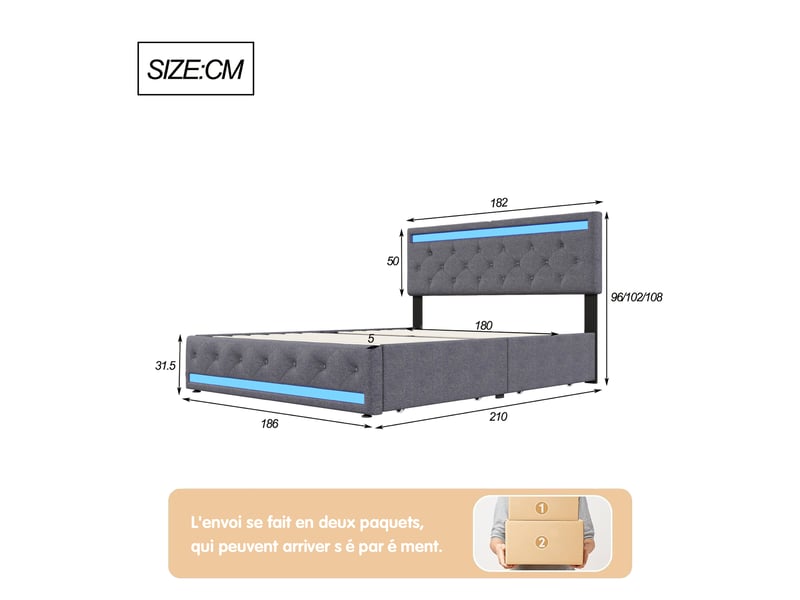  Lit rembourré 180 x 200 cm avec rangement, lit double avec éclairage led et port usb, lit pour adolescent avec 4 tiroirs, sommier avec tête de lit rembourrée et lattes, lin, gris 231115TT0603#ADaslHWRNhDELLM - Conforama E