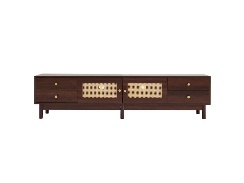  Meuble tv contemporain 180 cm bois foncé - 2 portes, rotin, 4 tiroirs, gestion câbles, charnières hydrauliques  - Conforama A
