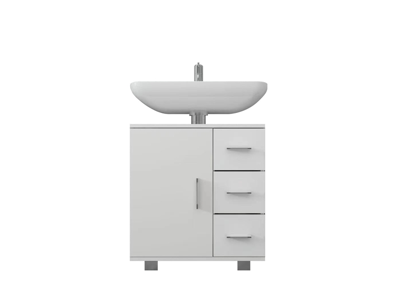 Ml-design meuble sous lavabo, blanc, 60 x 60,8 x 33 cm, avec 1 porte 2 étagères 3 tiroirs, panneau mdf finition mélaminée, armoire bas sur pied salle de bain, placard de rangement sous évier vasque 490001600 - Conforama D