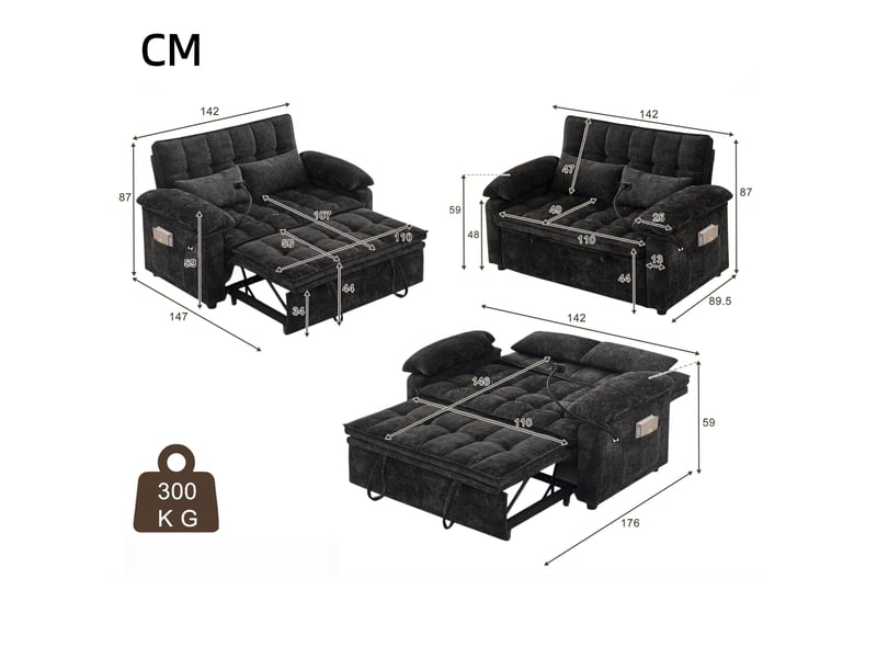  Canapé droit 3-en-1 convertible, fonction détente allongée, deux coussins lombaires, tablette et porte-gobelets, 87 x 89,5 x 142 cm, noir  - Conforama C