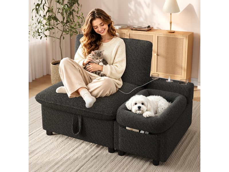  Fauteuil 1 place 110x81x87 cm, canapé avec rangement, rangement dissimulé, rangement intégré, ports usb et type-c, design moderne, tissu peluche gris OPULERANE TRADING LTD - Conforama B