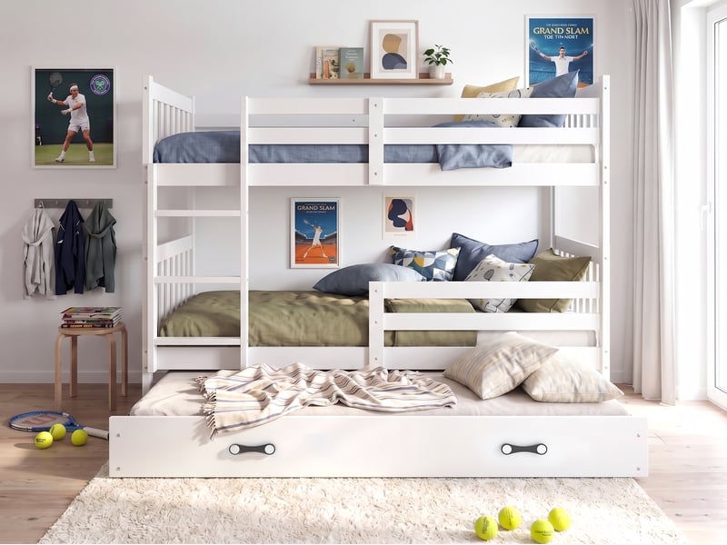 Lit superposé 3 places kacper 90x200 cm + lit tiroir 80x190 cm interbeds - bois massif de pin - blanc - Conforama E