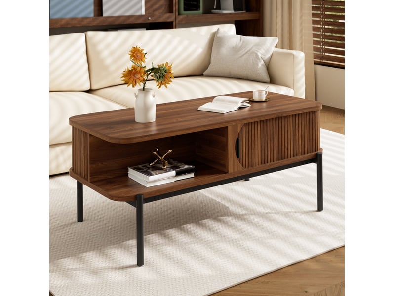  Table basse avec 2 portes coulissantes et 2 niches, coins arrondis, pour salon, en mdf noyer, 100 × 45 × 43 cm  - Conforama B