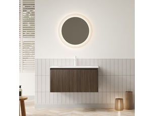 Meuble-lavabo mural - lavabo en céramique blanche - chêne brun - tiroir avec fermeture douce