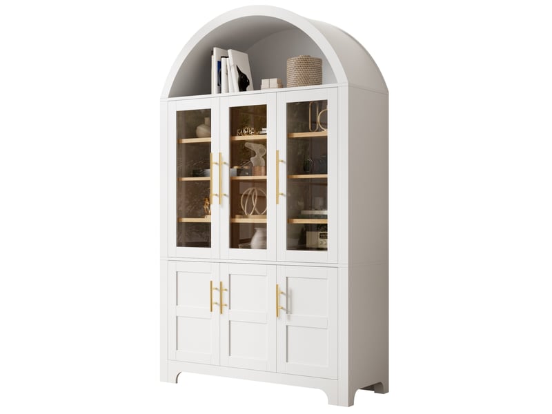  Buffet haut 110x40x185 cm, niche ouverte en arche, 3 portes vitrées, panneau de particules et mdf, blanc  - Conforama A