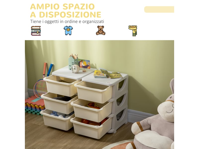 Commode à 6 tiroirs pour enfants de 3 à 6 ans, bords arrondis, en polypropylène blanc crème, 75 x 37 x 56,5 cm - Conforama E