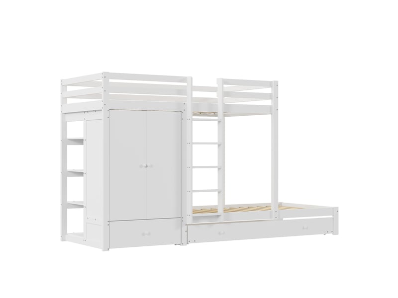 Lit superposé en bois massif 90x200 cm avec lit gigogne, lit enfant avec armoire, tiroirs et compartiment de rangement, blanc  - Conforama D