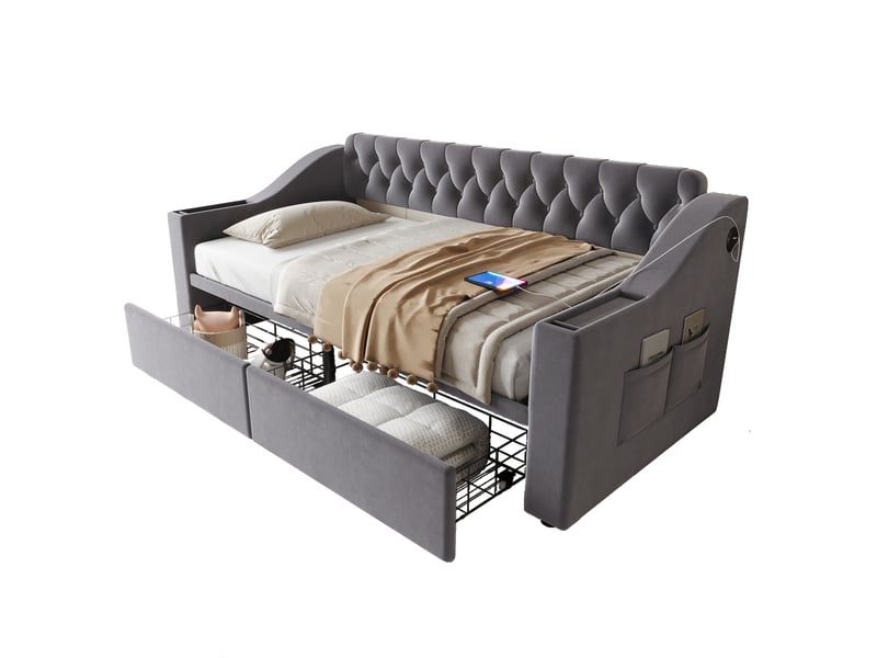  Lit canapé rembourré en velours gris 90x190 cm  - Conforama A