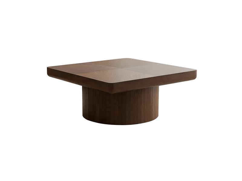  Elvmi table basse carrée pour salon plateau épais avec motif parquet en placage bois base cylindrique avec incrustation verticale aspect noyer design moderne structure robuste assemblage facile 78 cm  - Conforama A