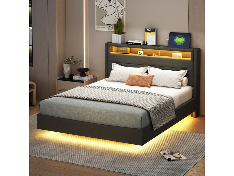  Lit double 140x200 cm avec tête réversible et rangement, prise usb, led multicolore en tête et au pied, pieds dissimulés, lin, gris  - Conforama C