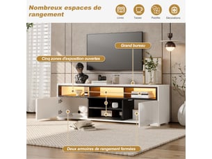 Meuble tv led 150 x 35 x 50 cm brillant, 2 portes et 8 espaces de rangement, idéal pour petit salon