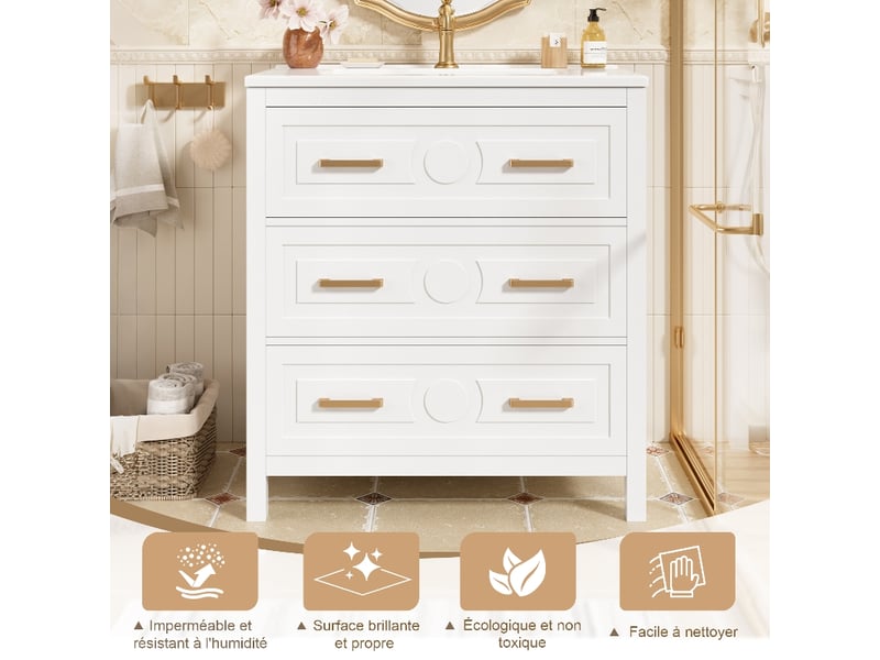 Meuble salle de bain sur pied 76,5cm avec vasque en céramique intégrée, meuble laqué blanc 3 tiroirs - Conforama D