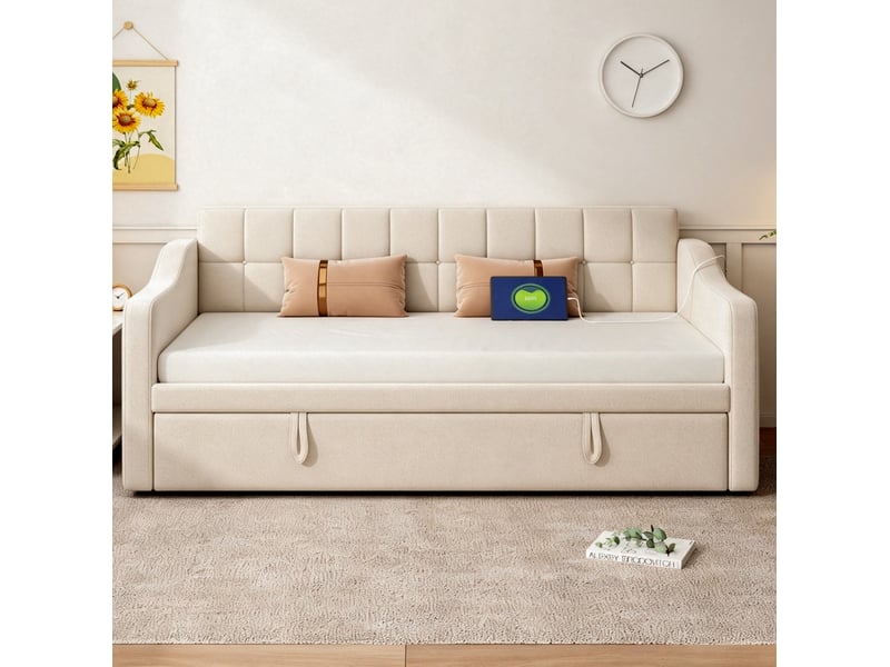  Lit gigogne 90x190 cm avec ports usb en métal beige, canapé-lit multifonction avec poche de rangement, sans matelas  - Conforama D